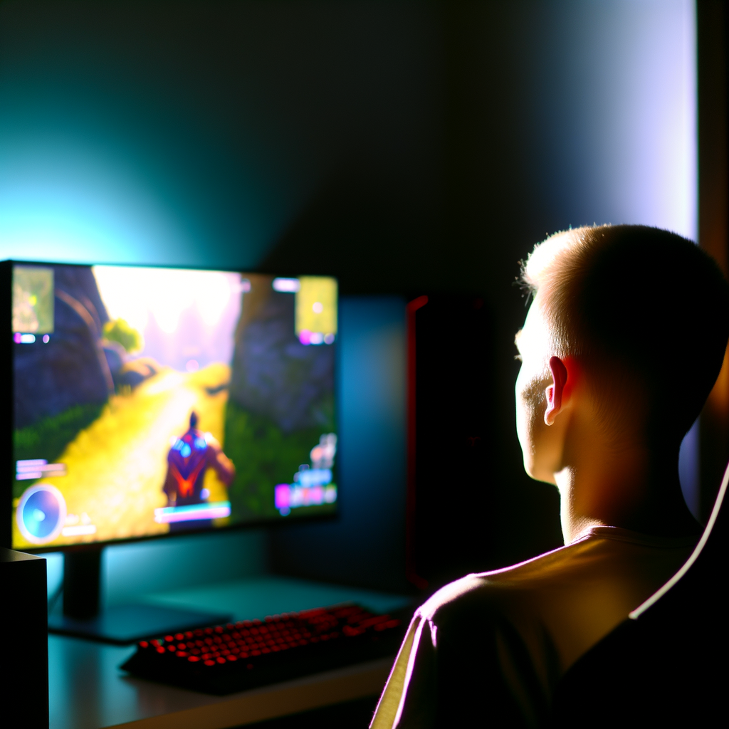 Человек играет в компьютерную игру, видно монитор